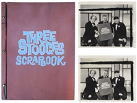 Moe Howards Three Stooges Scrapbook & 2 Photos of the Stooges Holding Up one of the Scrapbooks on Their Show -- 17.5 x 24.5 Empty Book Has Moes Name Stamped at Lower Right -- Damage to Spine